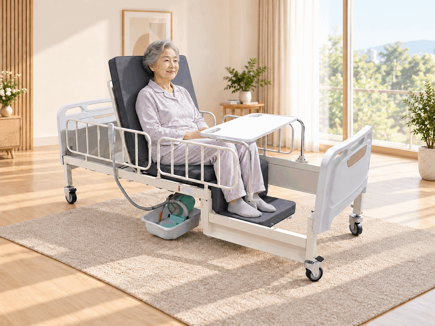 (주)마더스핸즈 앉는 침대에서 두 발을 지지하고 편안하게 앉아 있는 어르신